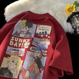 季法嘉重磅纯棉短袖t恤夏季新款280克双纱美式潮牌卡通宽松潮流衣服男 精梳光滑绵软面料  【红色】 XL