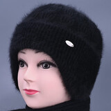 冬天中老年人帽子女妈妈兔毛线帽加绒加厚奶奶老太太针织保暖棉帽 黑色 均码有弹力