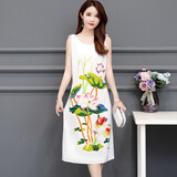 米嘟尔夏季棉绸睡裙加肥加大码妈妈中老年人造棉睡衣薄款背心无袖家居裙 白底出水芙蓉（古典MC裙） 2XL 适合80到130斤左右