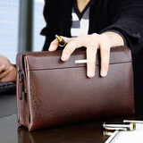 七匹狼品牌男士手拿包头层牛皮双拉链大容量多功能休闲潮真皮钱包 啡色 金属标 1A1623152-02 大号235*65*140mm 1A1623152