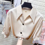 VEOX2025新款薄款女士衬衫女小心机设计感春夏少女感中袖雪纺翻领上衣 杏色 M _建议85-105斤