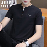 JEEP SPIRIT吉普T恤男夏季短袖男士V领纯色上衣透气短袖T恤男款 黑色 XL 