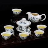 陶瓷功夫茶具套装家用白瓷泡茶器办公室会客青花茶壶盖碗茶杯整套冲茶器 10头功夫茶具【蓝山水】