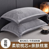 雅鹿牛奶加绒枕头枕芯一对装颈椎睡眠整头枕套家用男单人整头单只 绣花牛奶绒-浅灰 48*74cm枕套1只+枕芯1个