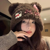 目丸可爱小熊耳朵猫咪蝴蝶结毛绒帽女秋冬季保暖护耳雷锋帽显脸小帽子 咖色卡通蝴蝶结小熊帽子