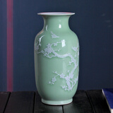 梵府御器 龙泉青瓷手工拉坯堆雕翡翠喜上眉梢花插 景德镇陶瓷花瓶中式摆件 冬瓜瓶