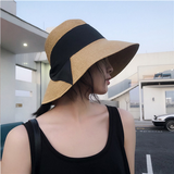 格微诗 孙俪同款帽子可折叠法式蝴蝶结复古女夏季防晒遮阳帽出游太阳渔夫帽沙滩大檐帽草帽 经典款-黑色
