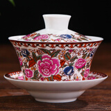盛天下三炮台八宝茶盖碗特大号陶瓷盖碗盖杯茶碗三才碗泡茶碗300cc 红牡丹-八宝茶盖碗