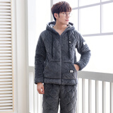 輝豹男士居家服冬季加厚睡衣男冬加绒夹棉保暖珊瑚绒加厚家居服男套装 B6710#灰色连帽 3XL 【建议180-210斤】 3层