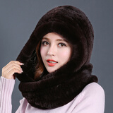 幕加格 獭兔毛帽子围巾一体冬季女围巾两用加厚保暖中老年皮草帽子M2135 深咖啡色 均码