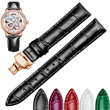 真皮手表带适配飞亚达四叶草LA8262.GWSS女士红紫绿白黑色亮光蝴蝶扣漆面皮表带16 18MM 黑色-蝴蝶扣 16mm