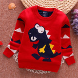Wei Juan 儿童毛衣针织衫 2021新款男童毛衣秋冬款圆领套头 男孩卡通恐龙棉毛衣 加绒红色 130 (建议身高105-115cm)