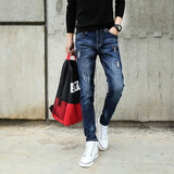 增仔新款破洞牛仔裤男韩版修身版小脚裤磨烂紧身裤小窄脚磨破铅笔裤日韩风显瘦长裤百搭休闲 蓝色 28码