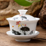 恒古（Heregur） 青花陶瓷特小号三才盖碗茶杯盖杯功夫茶具泡茶器3英寸茶备品茗杯盖凹 特小号水墨荷花(80ML)