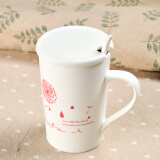 莲泽 陶瓷咖啡杯子马克杯情侣杯创意早餐杯子办公水杯带盖带勺子 亚光红配瓷盖带瓷勺