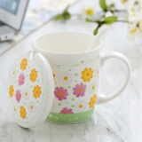 瓷秀源（cixiuyuan） 水杯陶瓷杯创意情侣杯子马克杯带盖带勺陶瓷骨瓷咖啡杯 滑盖杯黄色花朵
