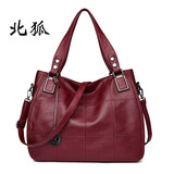 北狐中年女包羊皮女士包真皮女单肩多隔层时尚妈妈包百搭单肩包大包包 酒红色大号