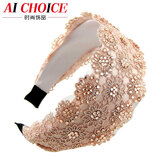 AiChoice宽边蕾丝发箍时尚气质头箍水钻头饰花边细水晶遮白发发卡黑色发饰 香槟
