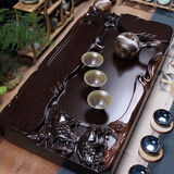 雅友 黑檀木茶盘 整块实木原木 进口茶海茶托 功夫茶具 人工立体雕刻 边雕鱼 60x33x6层次双鱼