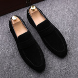 YDL 春款 一脚蹬男鞋 青年英伦懒人套脚皮鞋磨砂皮 韩版发型师内增高豆豆鞋男单鞋 黑加绒保暖(普通款) 44