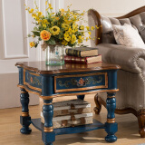 盛世锦木（SPJM） 方形小茶几桌子 欧式茶台边几 裂纹漆手绘美式家具 复古做旧 裂纹蓝
