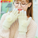 素锦初澜 毛线手套女秋冬季触屏保暖加绒针织手套 韩版学生可爱多功能两用半指手套 米色