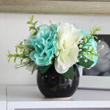 爱泽宝 仿真花假花塑料花干花陶瓷花瓶客厅餐桌摆件装饰花 书架隔板仿真花艺 工艺品多色可选 黑花瓶+水蓝绣球