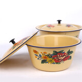 欧丽家 黄色圆形带盖搪瓷碗搪瓷盖盆多规格搪瓷老式洗手碗电磁炉通用 16cm