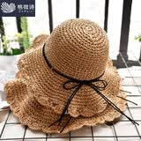 格微诗 亲子草帽母女出游手工沙滩帽儿童蝴蝶结遮阳防晒帽子女夏 驼色 成人款(56-58cm)