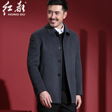 红都 毛呢大衣男士中长款加棉加厚翻领羊毛呢子男外套中老年男装冬季 普通款灰色EK8916-1 L 175/92A