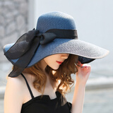 斯普琳 遮阳帽子女夏天韩版潮太阳帽沙滩大沿帽可折叠防晒草帽编织旅游户外防晒黑边时尚透气帽 宝蓝