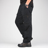 贵迎男士户外宽松休闲工装裤纯棉加肥加大码运动长裤松紧腰直筒肥佬裤 黑色 XXL(2尺7-2尺8)