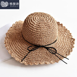 格微诗 草帽女夏天小清新大沿帽可折叠沙滩帽子海边度假遮阳帽防晒太阳帽 清新波浪边-驼色