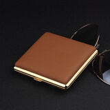 顶辉网红20支装真皮烟盒 棕色荔枝纹香菸盒不锈钢真皮加长女细支烟盒20支超薄防潮抗压便携 棕色金边（粗支款）