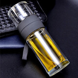 富光玻璃杯水杯便携茶具创意防漏双层带绳泡茶夏天随身随手花茶杯 灰色 220ML