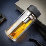 万象（WANXIANG）双层玻璃杯 商务办公隔热杯带滤网喝水杯便携透明泡茶杯 V20RL皮纹黑370ml（适中容量）