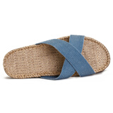 硕牌亚麻家居拖鞋3306男士夏季家居厚底防滑吸汗透气大码外穿 蓝灰牛仔 42-43