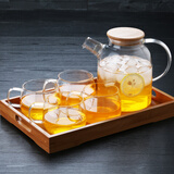 青麦 简约玻璃花草茶水果茶壶耐热茶具带竹盖过滤网北欧风格透明茶水壶凉茶壶茶杯 高壶+4园趣杯+双耳托盘