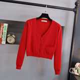 帝行（DIXING）春秋季短款V领修身薄针织衫女开衫高腰小外套披肩外搭上衣 红色 M 80-110斤