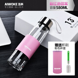 AIWOKE单层玻璃杯大容量个性泡茶水杯车载便携带盖过滤网茶杯男女士学生家用创意杯子水瓶 粉色580ml