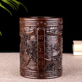 铁圈礼业黑檀木雕笔筒红木办公室摆件笔筒实木书房书桌摆设教师节礼物实用 清明上河图笔筒