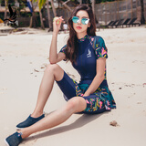 三奇泳衣女保守大码胖MM加肥连体平角遮肚显瘦带独立小裙泡温泉游泳装 藏青色泳衣 2XL