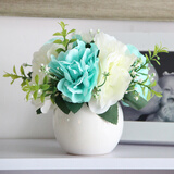 爱泽宝 仿真花假花塑料花干花陶瓷花瓶客厅餐桌摆件装饰花 书架隔板仿真花艺 工艺品多色可选 白花瓶+水蓝绣球
