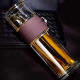 富光玻璃杯水杯便携茶具创意防漏双层带绳泡茶夏天随身随手花茶杯 咖啡色 220ML