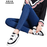 狮子聪加绒牛仔裤女紧身高弹力高腰铅笔小脚裤冬季加厚 蓝色黄绒九分 33码