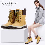 好雨时节女式雨鞋中筒系带时尚手工胶鞋橡胶女士防水休闲舒适雨靴马丁雨鞋 卡其色 36