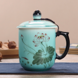 贝曼拉特景德镇陶瓷器 大号陶瓷办公杯茶杯老板杯 手绘青瓷茶杯 锦盒包装 550毫升手绘荷花杯