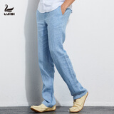 UAISI男士亚麻裤男夏季中国风直筒商务休闲裤麻料加大码亚麻裤帅气简约 蓝色 L