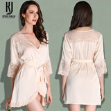 KJ睡衣女士性感蕾丝花边睡裙时尚五分袖中袖品牌家居服睡袍四季款 香槟色 L (105-120斤)