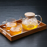 青麦 简约玻璃花草茶水果茶壶耐热茶具带竹盖过滤网北欧风格透明茶水壶凉茶壶茶杯 矮壶+2园趣杯+双耳托盘